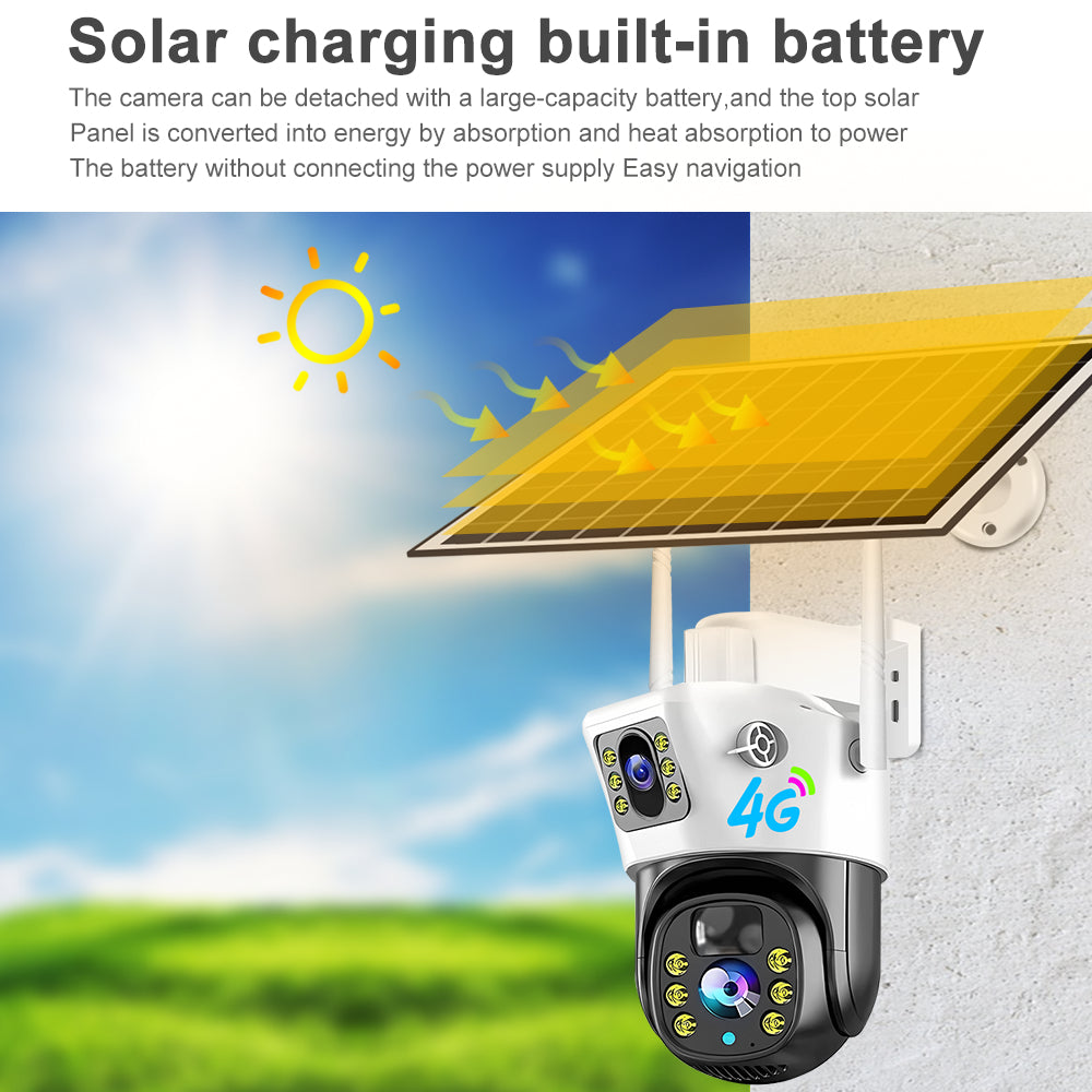 Camera Solar 4G 2in1 ប្រើជាមួយស៊ីមកាត មានកាមេរ៉ា២ អាចបង្វិល 360ដឺក្រ មើលពីគ្រប់ទីកន្លែង