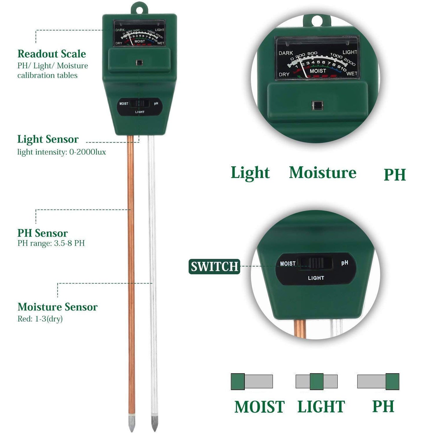 ឧបករណ៍វាស់ pH ដី - Soil pH Meter 3 in 1