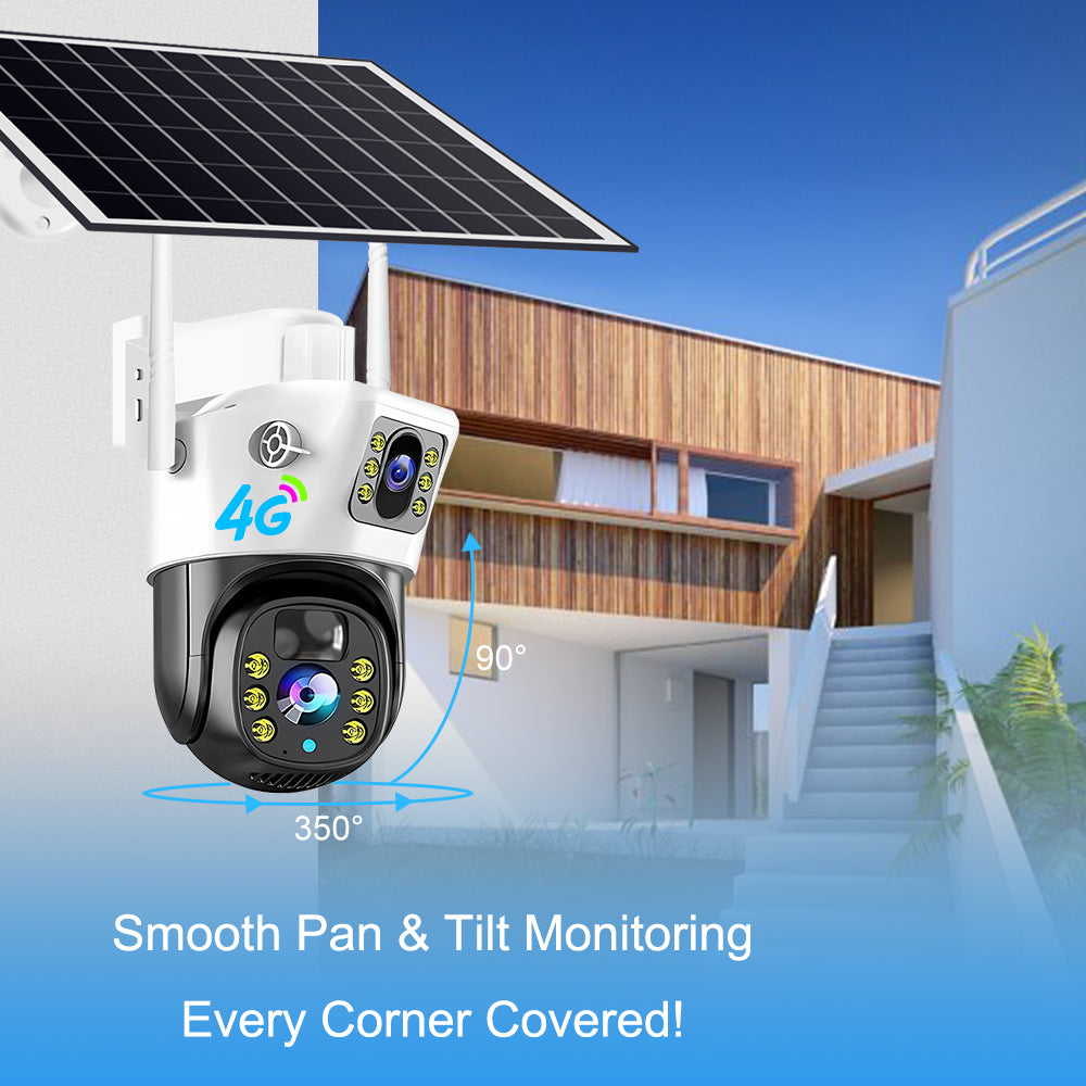 Camera Solar 4G 2in1 ប្រើជាមួយស៊ីមកាត មានកាមេរ៉ា២ អាចបង្វិល 360ដឺក្រ មើលពីគ្រប់ទីកន្លែង