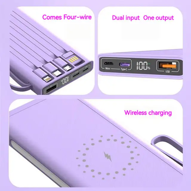 Wireless Powerbank 10000mah មានខ្សែសាក ៤ប្រភេទ